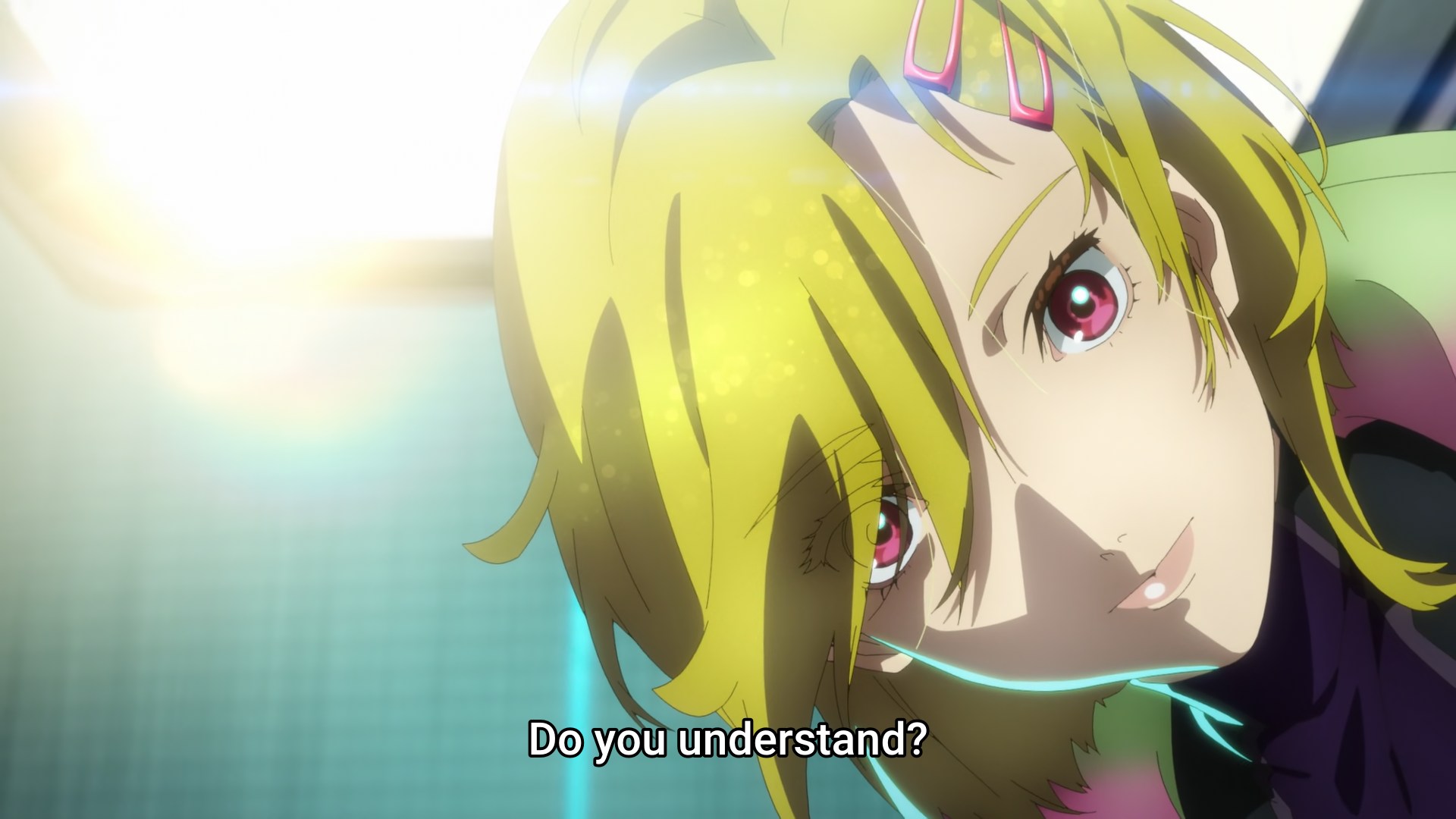 Setsu, blonde and with red eyes, leaning over Yuri shown from their point of view, asking them if they understand